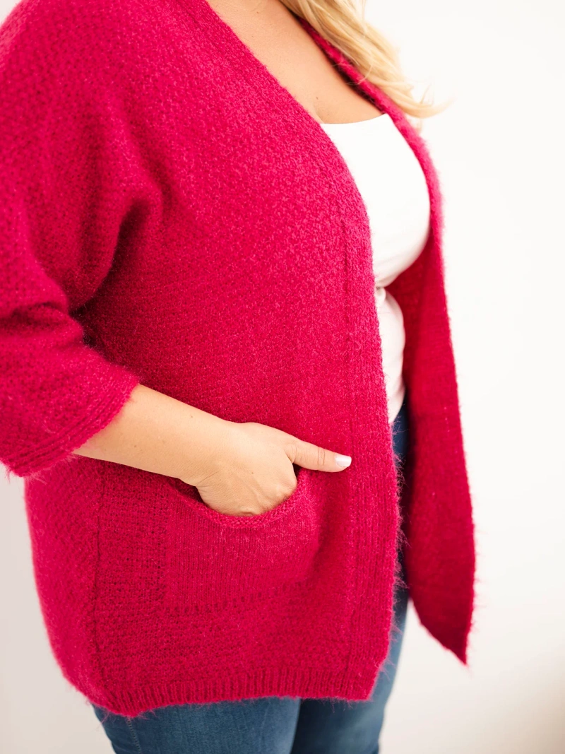 Dámský svetr Plus Size s kapsami bez zapínání fuchsiová