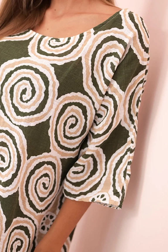 Women's cotton blouse with ethnic patterns and rolled-up sleeves khaki