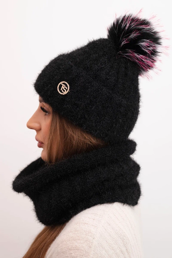 Women's winter set with a pom-pom and a cowl black