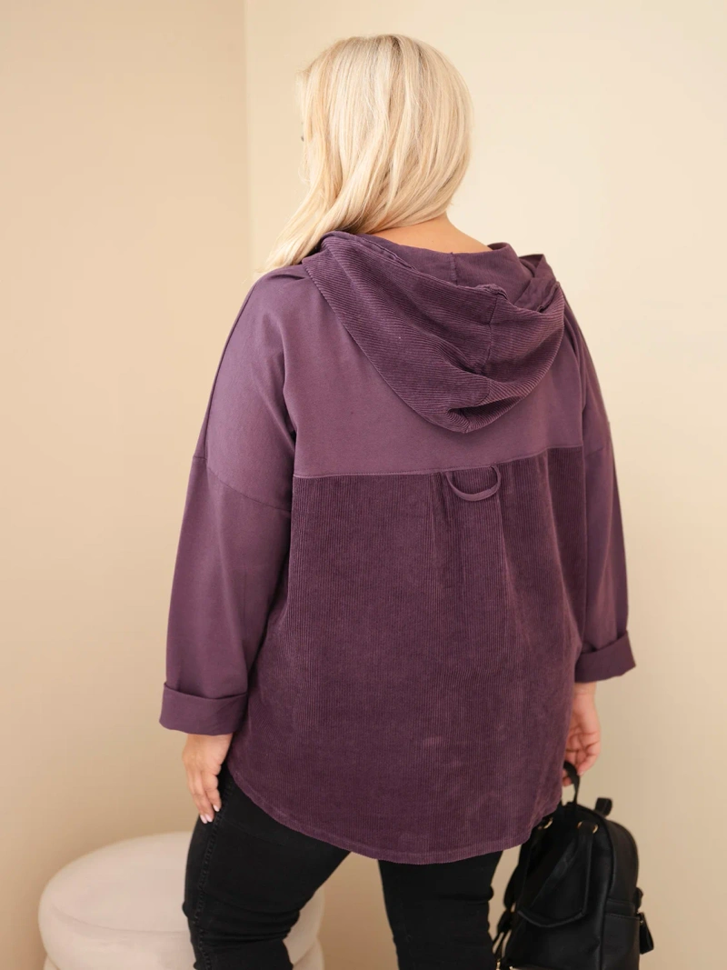 Dámska bavlnená mikina Plus Size s kapucňou a gombíkmi tmavofialová