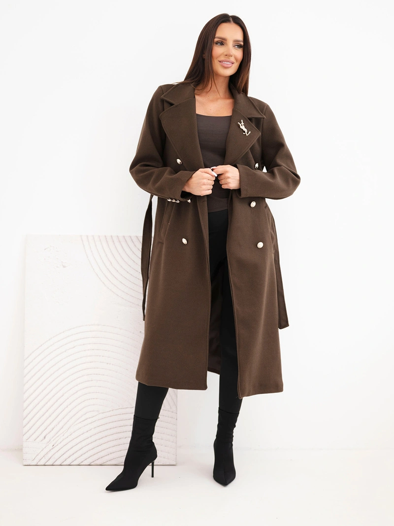 A coat women's with a belt double-breasted chocolate