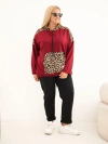 Plus Size women's viscose hoodie with leopard print inserts burgundy red