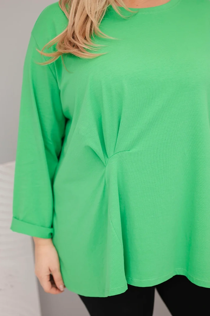 Plus size women's blouse with cotton, long sleeves and ruching light green
