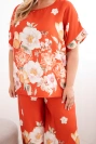 Dámsky set Plus Size s blúzkou a kvetovanými nohavicami so širokými nohavicami hrdzavá