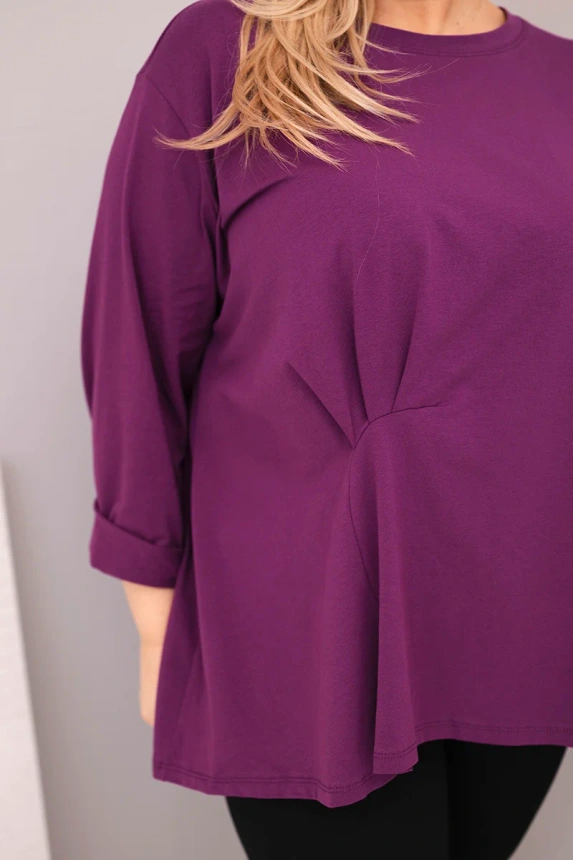 Dámská blůza plus size s bavlnou a dlouhým rukávem a nařasením tmavě fialová