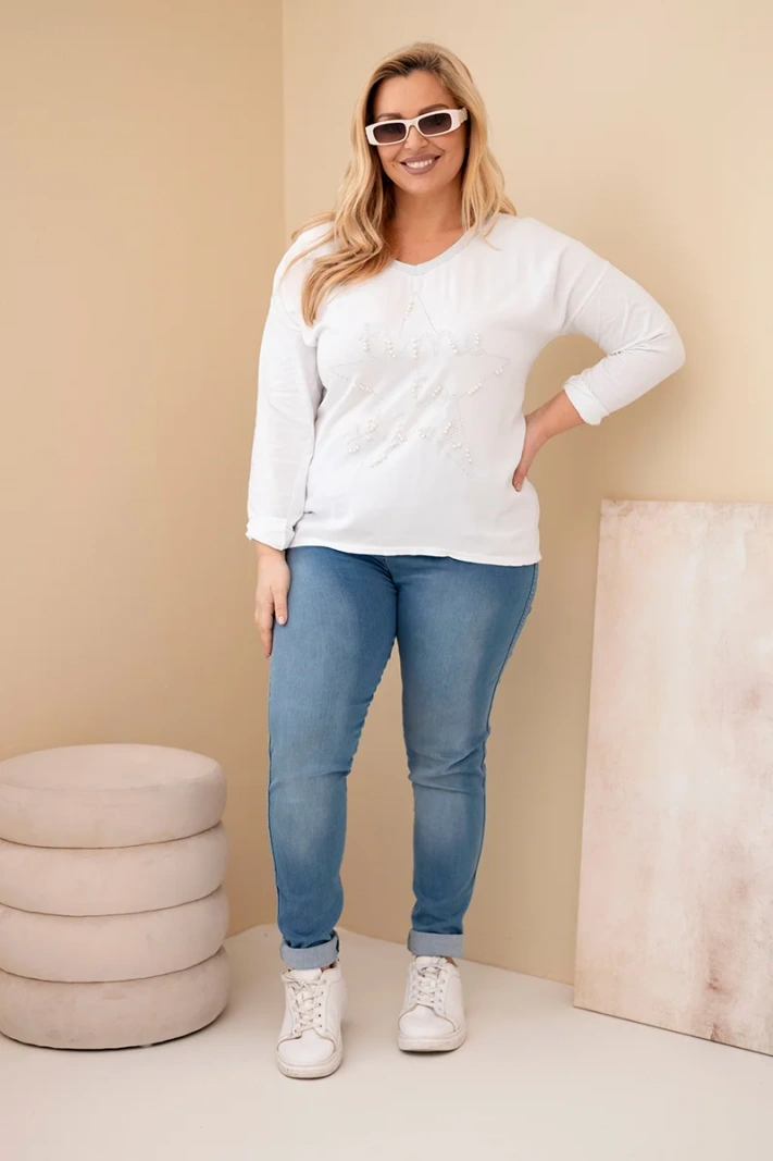 Dámská blůza Plus Size s potiskem a perlami bílá