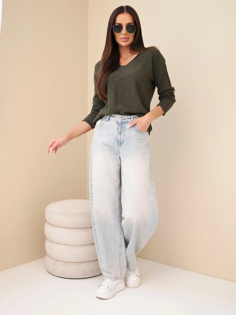 Women's sweater with viscose and V-neck dark khaki