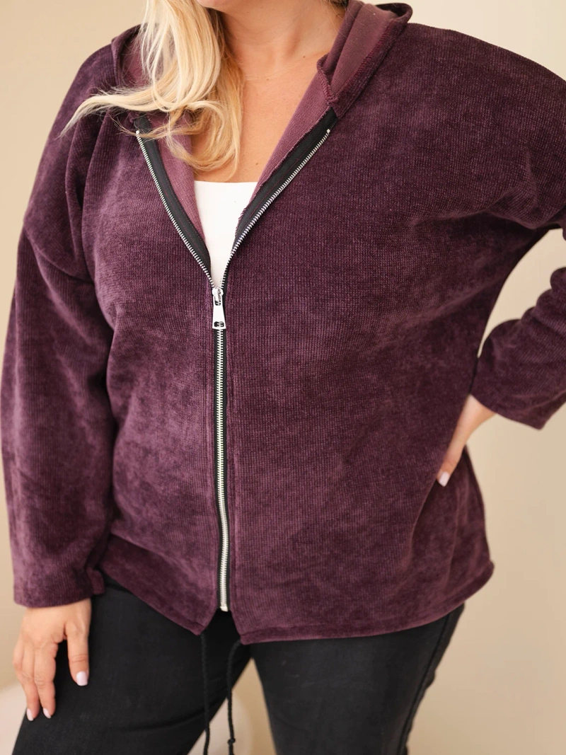Damen Sweatshirt Plus Size aus Cord mit Kapuze und Reißverschluss Oversize dunkelviolett