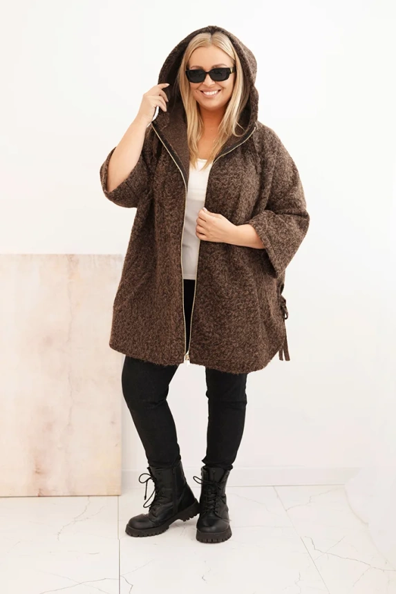 Dámsky kabát Plus Size s kapucňou a zipsom hnedý