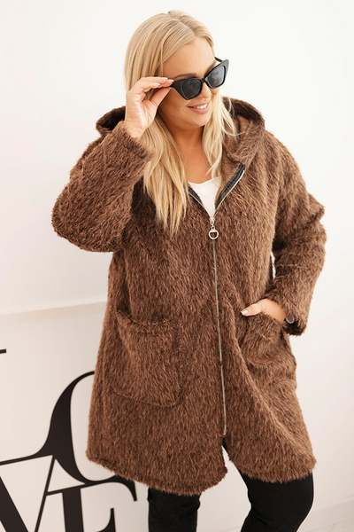Moteriškas paltas Plus Size iš viskozės su užtrauktuku ir gobtuvu rudas