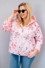 Damen Frühlingsjacke gesteppte Plus Size mit Kapuze und Blumenmuster pudrowy róż
