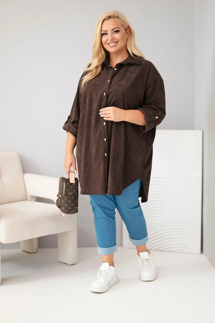 Dámská košile Plus Size z viskózy manšestrová s odepínacími rukávy hnědá