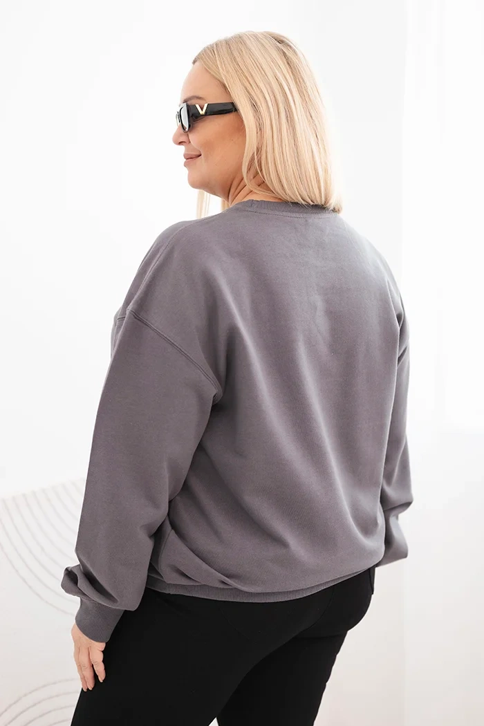 Moteriška pėtelkų džemperis Plus Size medvilninis basic su apvalia iškirpte grafito
