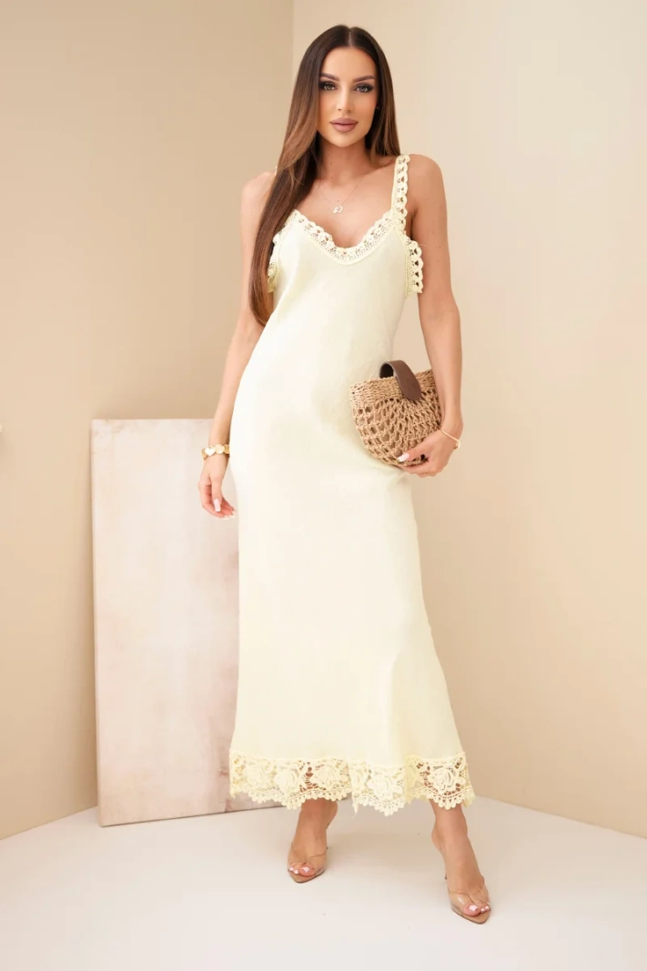 Damen Maxikleid aus Baumwolle mit Spitze gelb