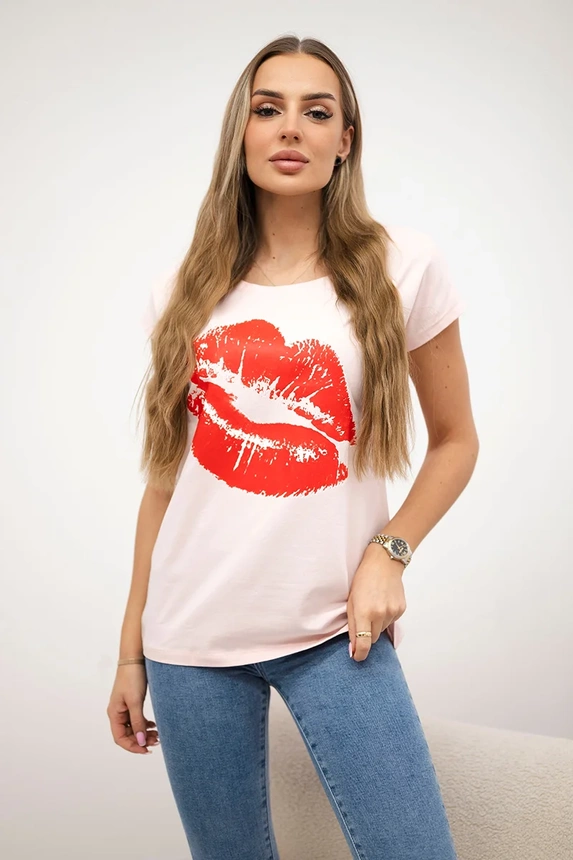 Blouse with lips print powdered pink