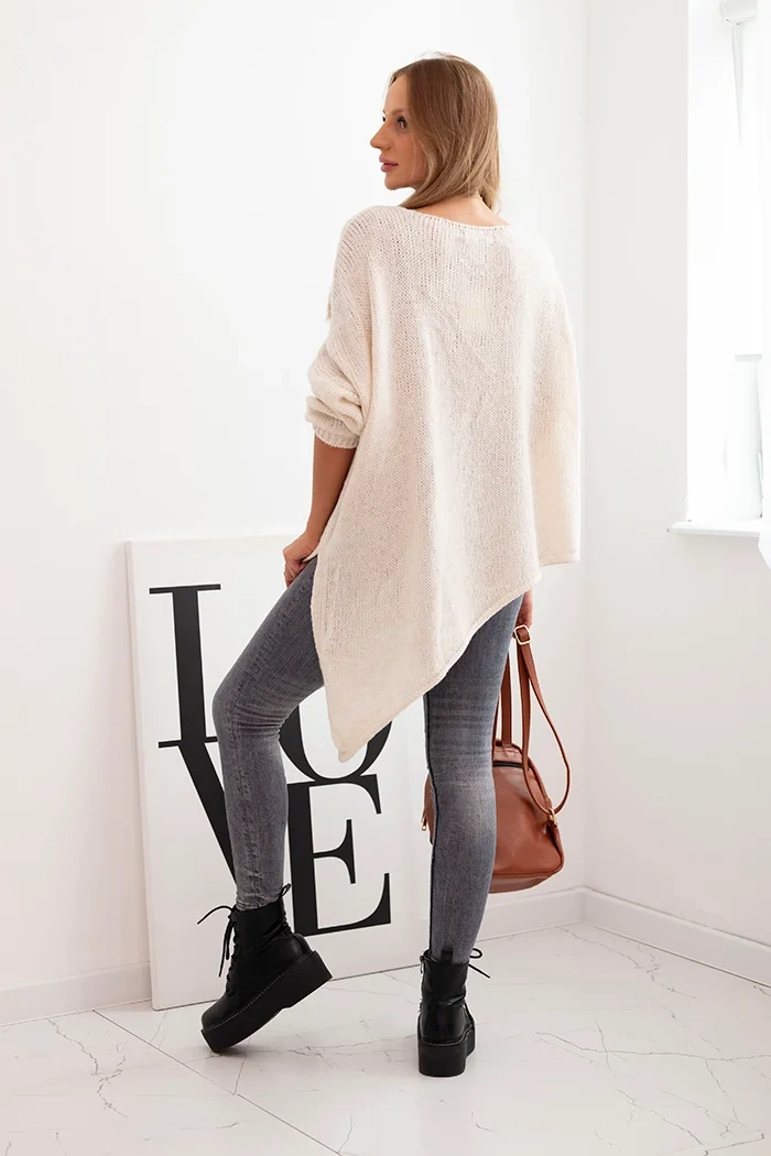 Sweter damski wełniany asymetryczny Plus Size z dekoltem V jasny beżowy