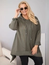 Moteriškas medvilninis megztinis Plus Size su gaubtu ir pintu intarpu khaki
