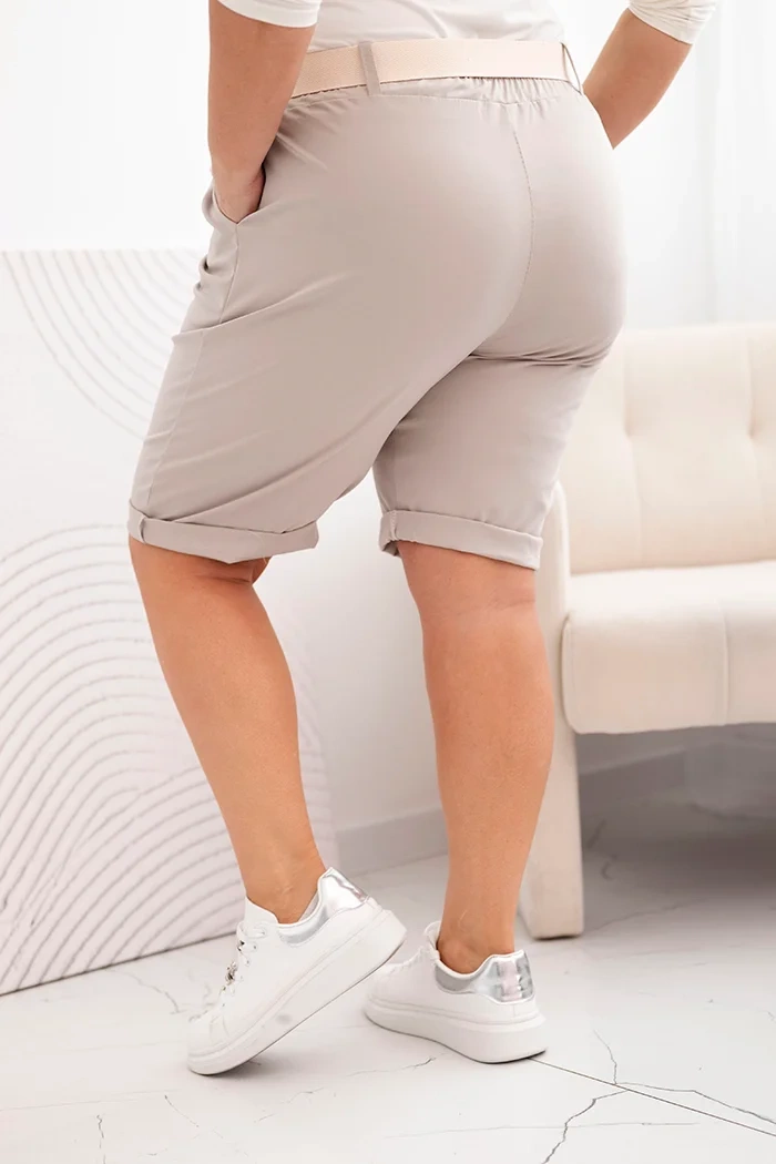 Spodenki damskie bawełniane Plus Size z paskiem ciemno beżowe zdjęcie 3