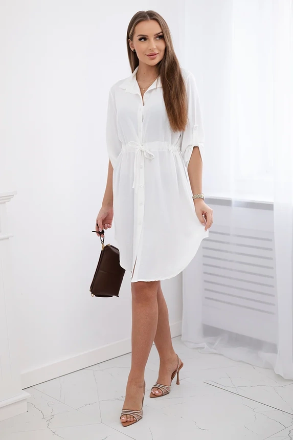 Dress with button closure and tie at the waist ecru