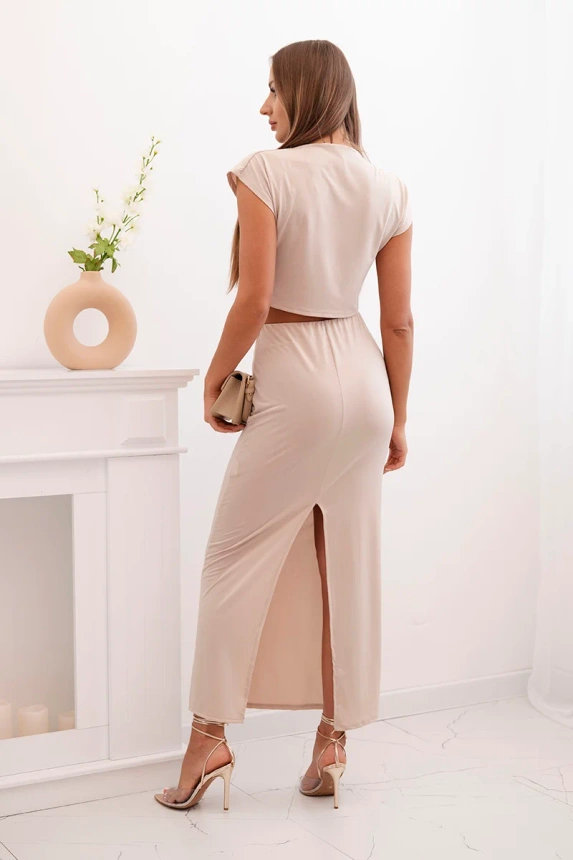 Women's set with a blouse featuring a decorative buckle and a fitted skirt - beige