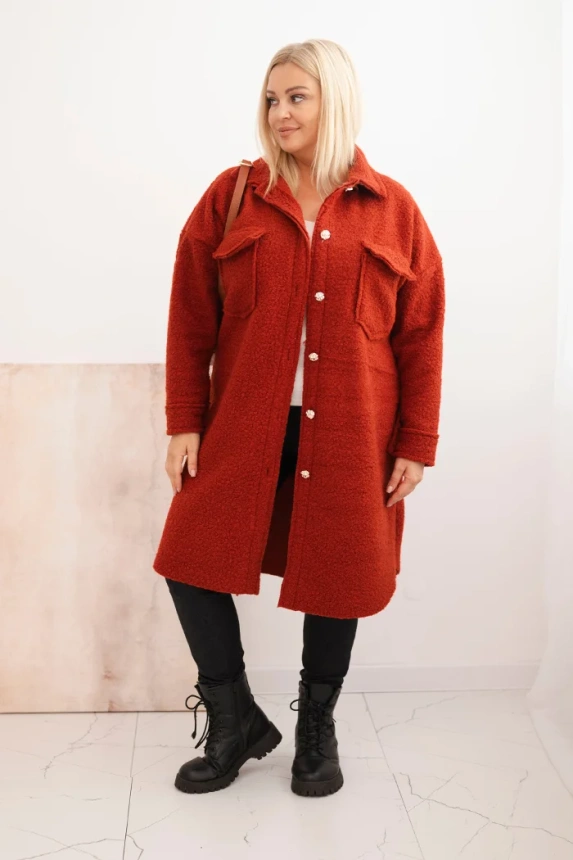 Women's Plus Size wool coat buttoned with pockets and collar orange