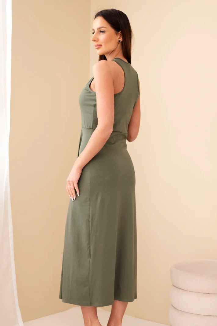 Women's cotton sleeveless midi dress with ruching khaki