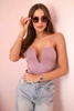 Women's strapless bodysuit blouse with ruffles and V-neckline dark pink