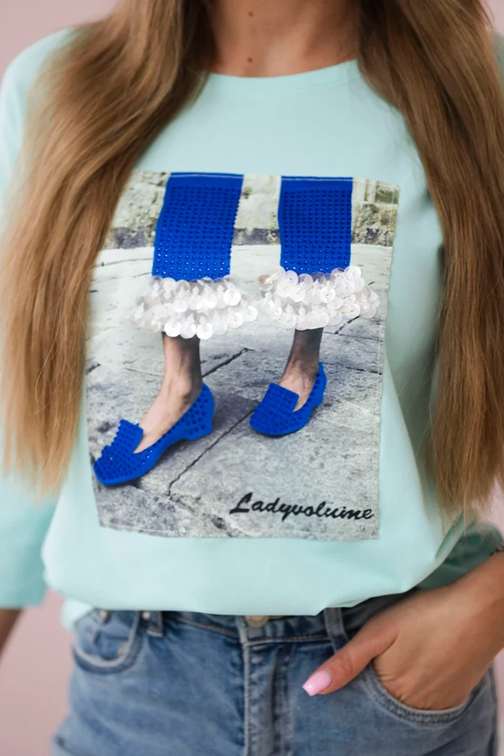 Bluse mit 3D-Grafik mit Zirkonen mint