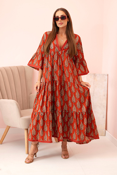 Women's loose fit cotton dress with a V-neck dark ginger