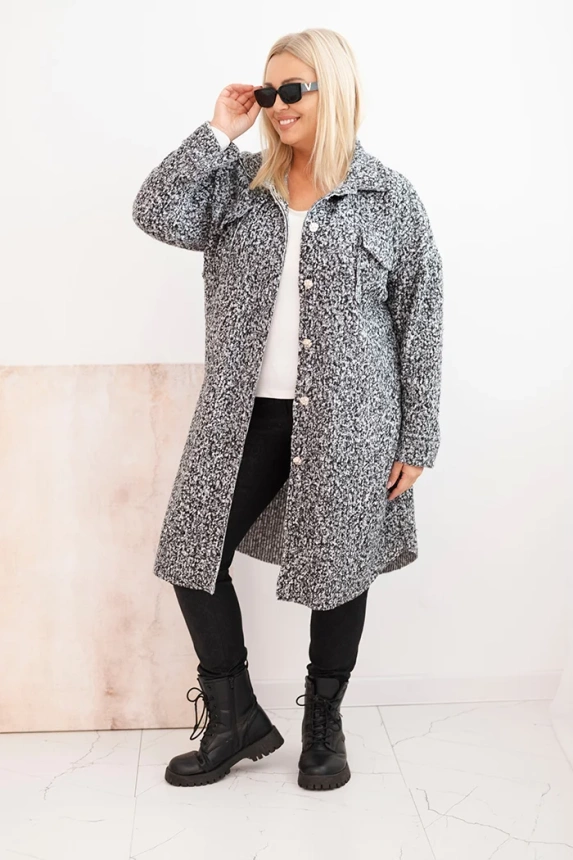 Dámský kabát Plus Size s vlnou zapínaný na knoflíky s kapsami a límcem grafitový melír