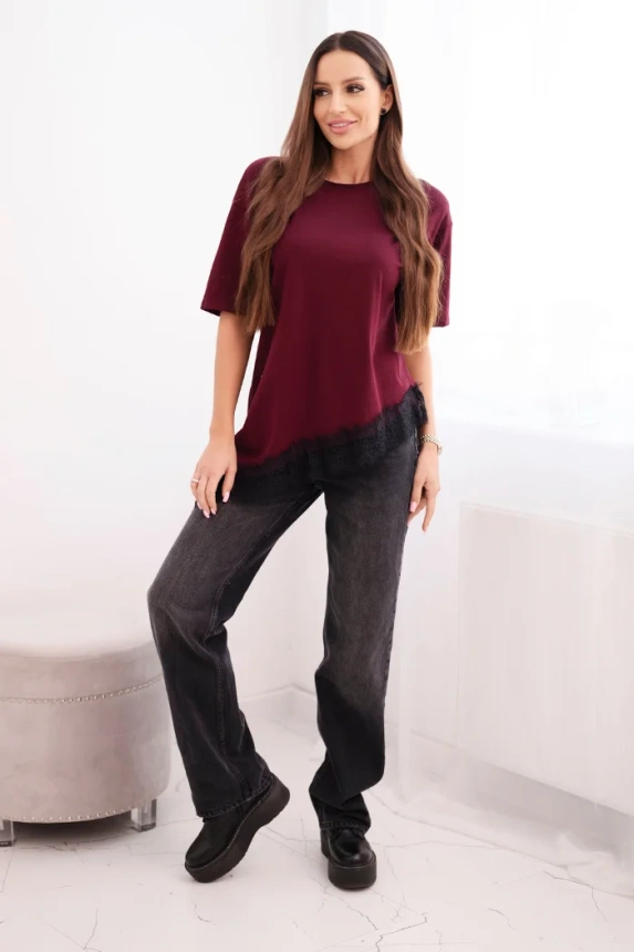 Women's cotton asymmetrical blouse with lace at the bottom burgundy