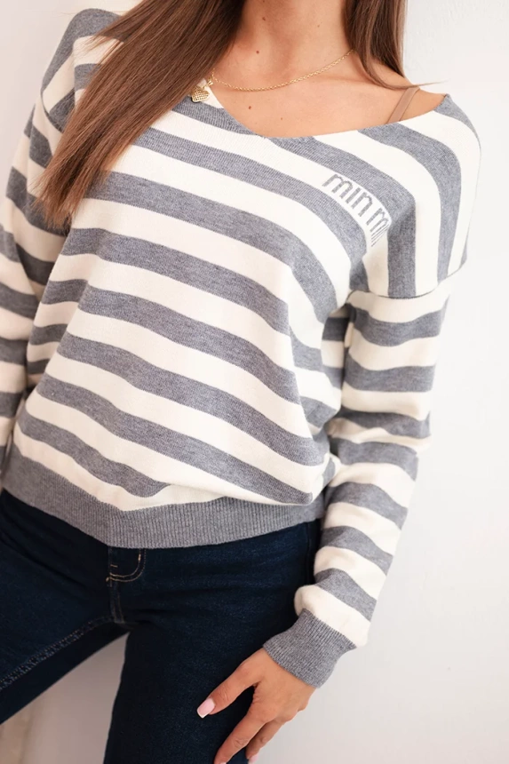 Women's striped sweater with a V-neck gray