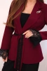 Women's blazer with a belt and lace trimmed sleeves burgundy