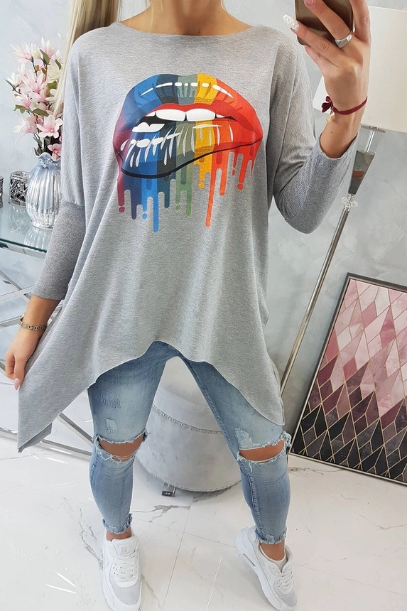 Blouse oversize with rainbow lips print gray