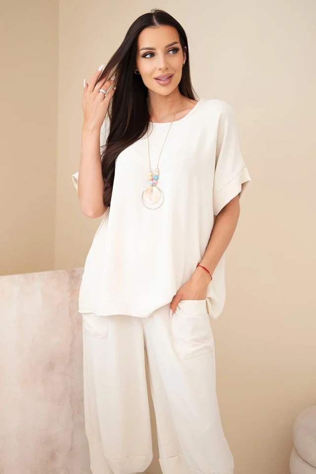 Set aus Viskose Bluse + Hose beige