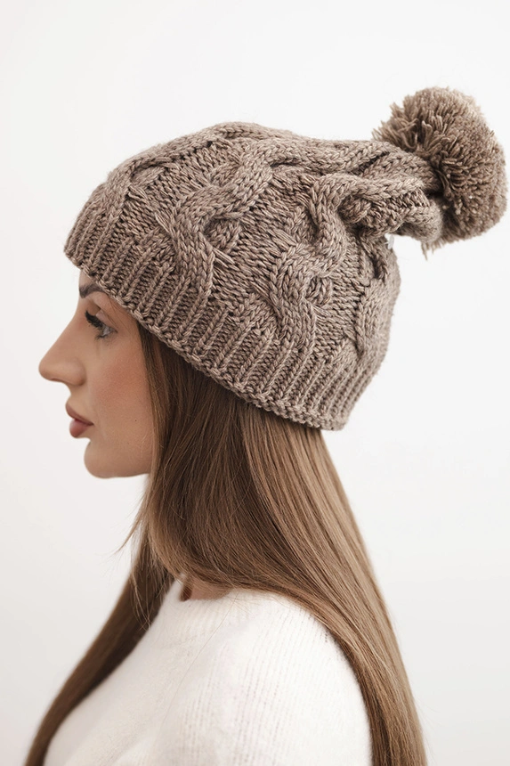 Women's winter wool hat with zirconia and pattern K455 mocha