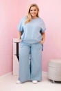 Moteriškas Plus Size komplektas iš tencelio palaidinė ir kelnės su raišteliu šviesiai džinsinis