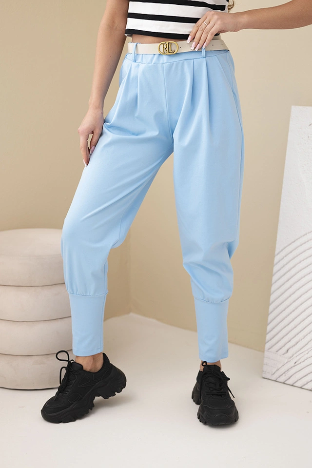 Women's cotton high-waisted pants with a belt blue