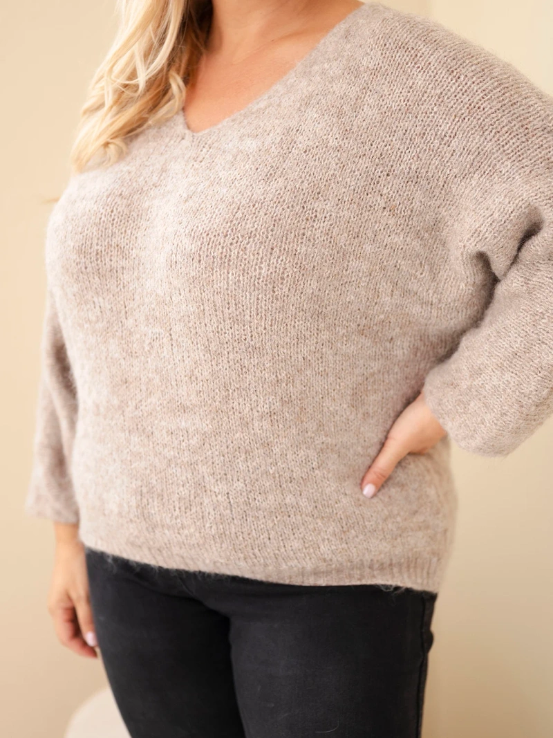 Dámský svetr Plus Size s výstřihem do V a širokým rukávem béžový tmavý