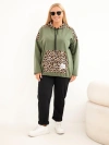 Plus Size women's viscose hoodie with leopard print inserts khaki