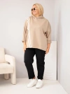 Moteriškas Plus Size veliūrinis megztinis su kapišonu ir dekoratyvinėmis juostelėmis smėlio spalvos