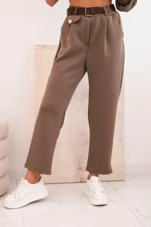 Damen Set Butterbluse mit Kapuze und Hose mit Gürtel fango