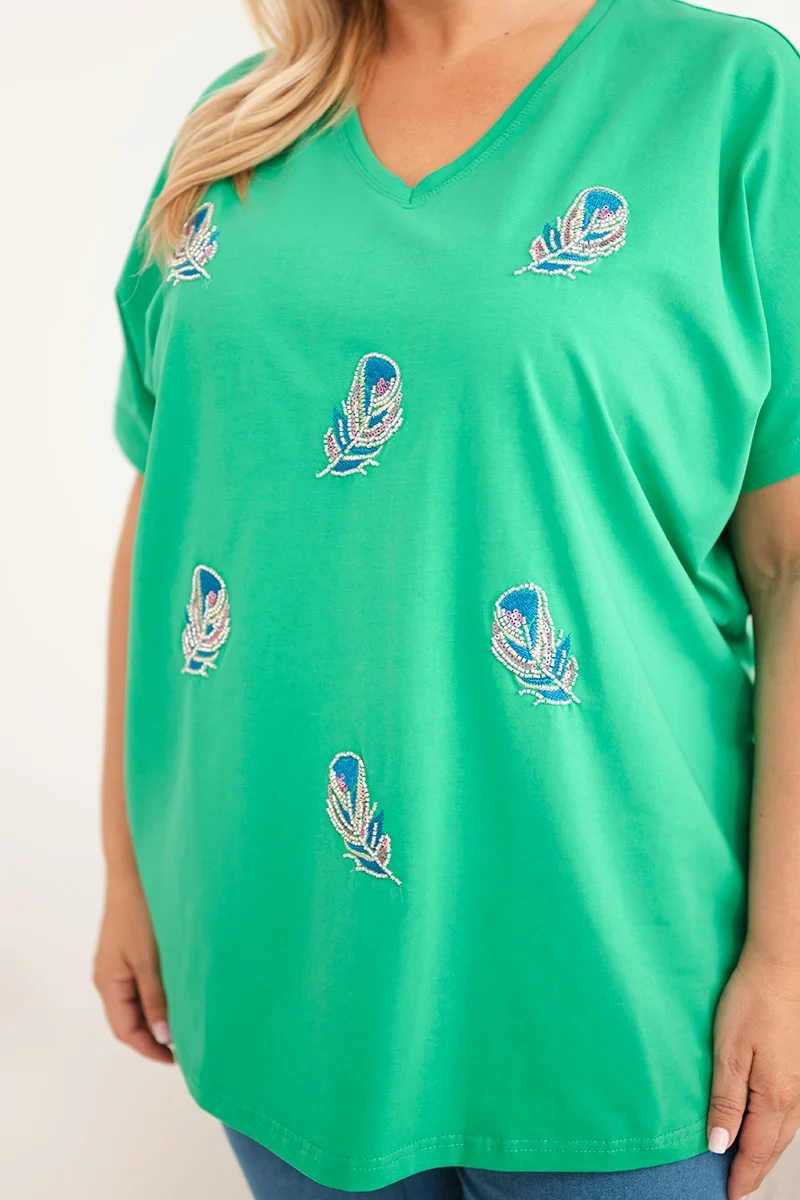 Bluzka damska bawełniana Plus Size z piórkami zielona
