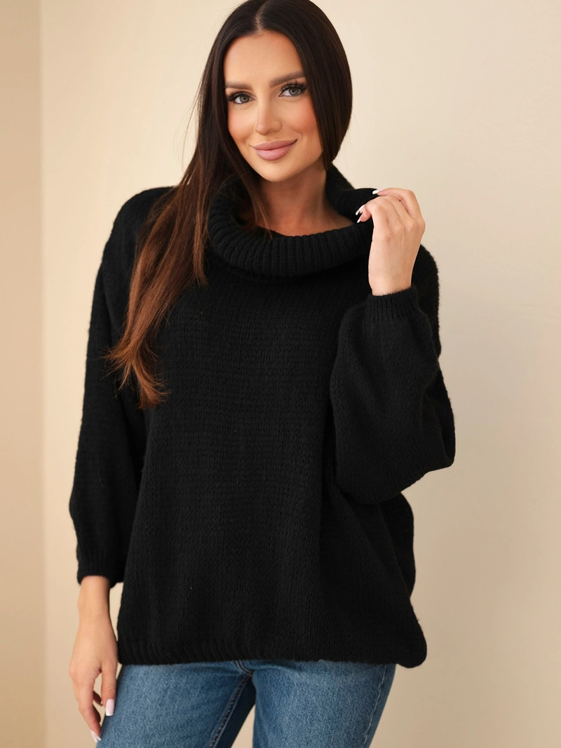 Sweter damski luźny z dodatkiem wełny z golfem czarny