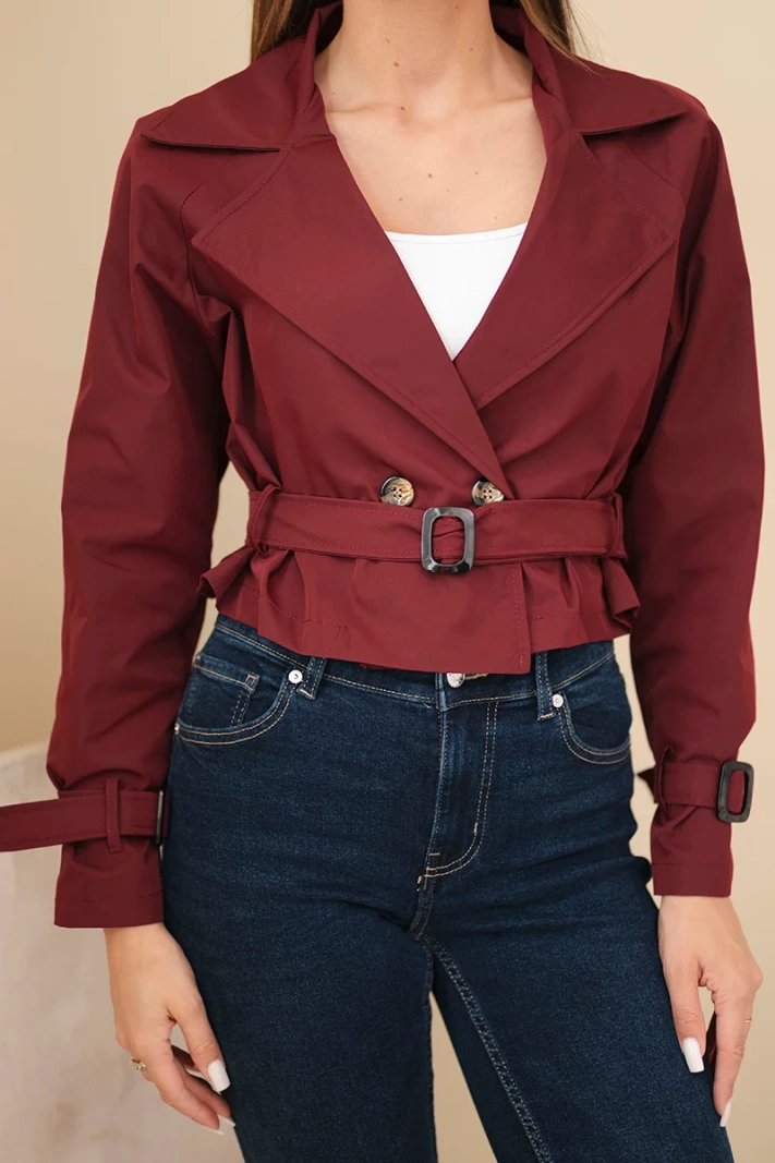 Women's short double-breasted viscose jacket with belt and lapels burgundy