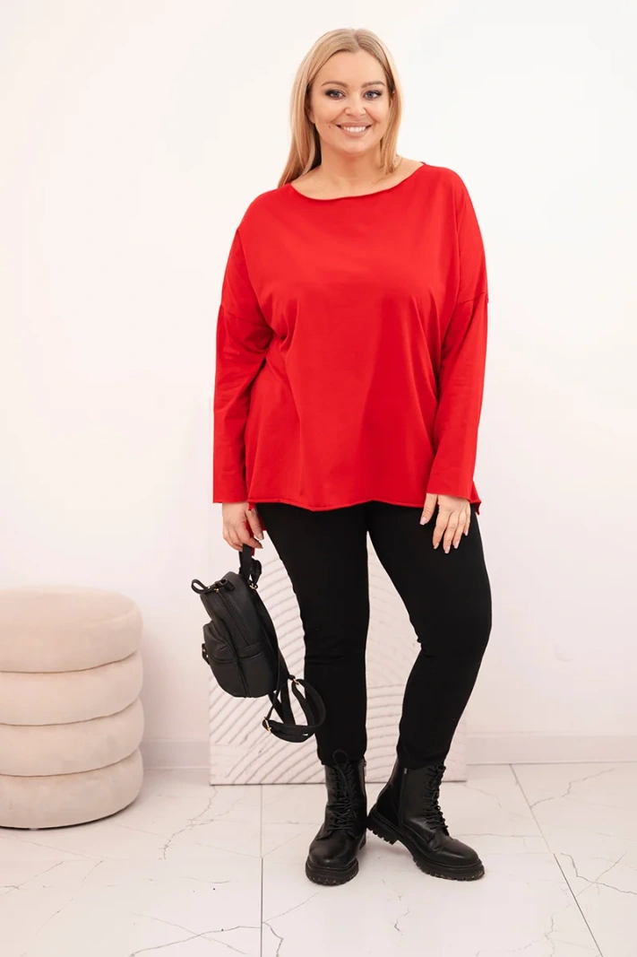 Asymmetrical Plus Size women's blouse with long sleeves red