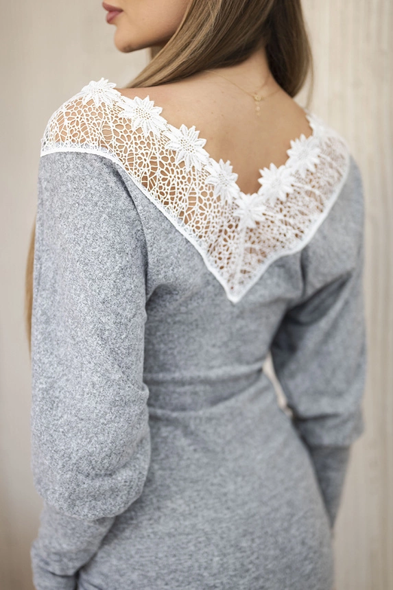 Women's dress with 3/4 sleeves and lace on the back grey