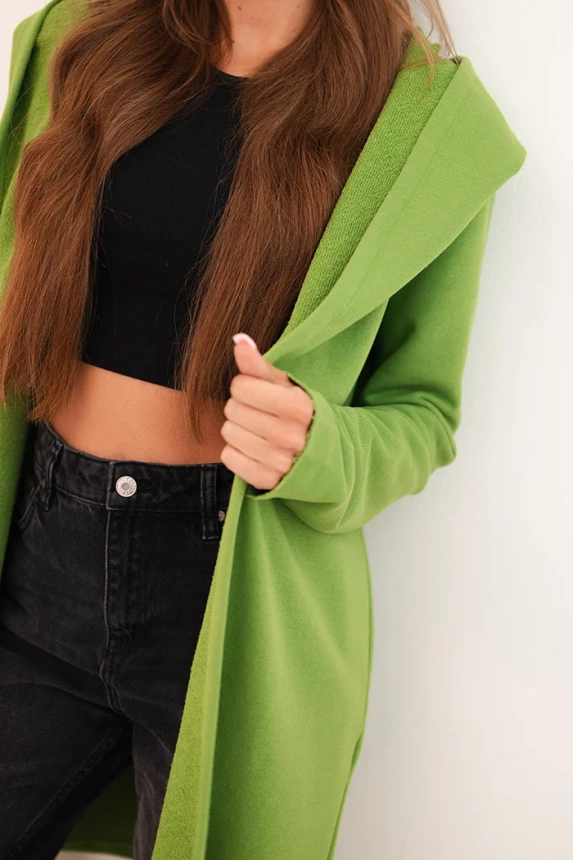 Moteriška medvilninė striukė su gobtuvu ir pailgu priekiu oliivinė