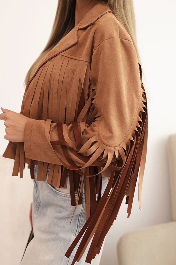 Women's suede fringe jacket dark camel