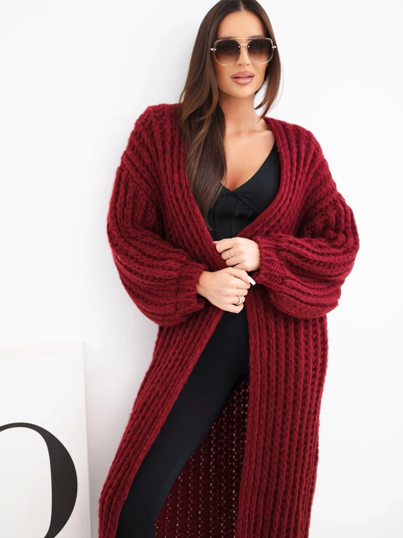 Women's long openwork long cardigan without fastening with wide sleeve burgundy